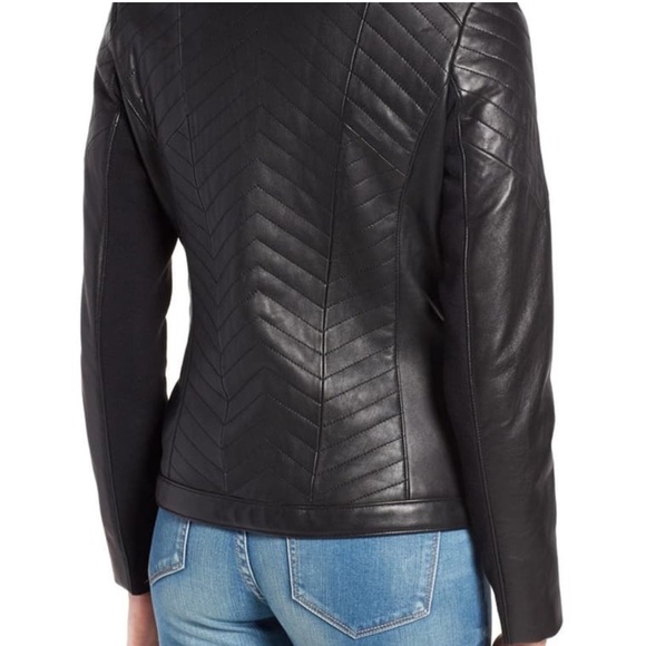 $349 Badgley Mischka Black soft leather Chevron quilted Biker jacket slim fit L - Picture 2 of 15